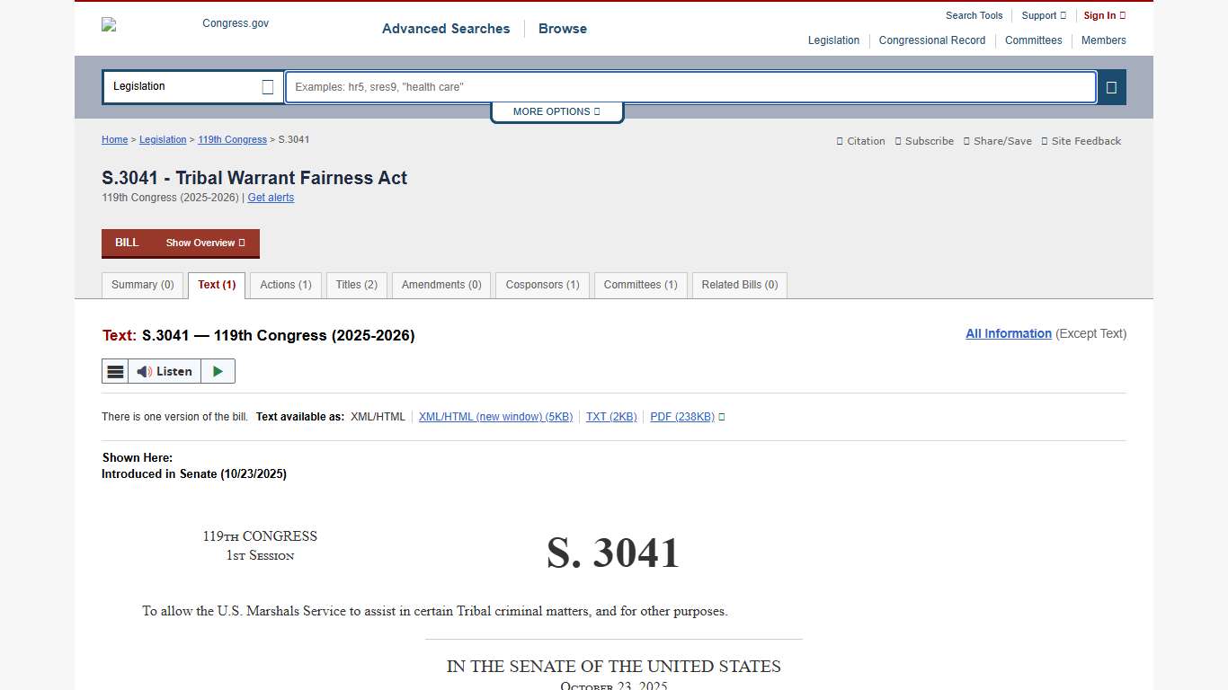 Text - S.3041 - 119th Congress (2025-2026): Tribal Warrant Fairness Act Congress.gov Library of Congress